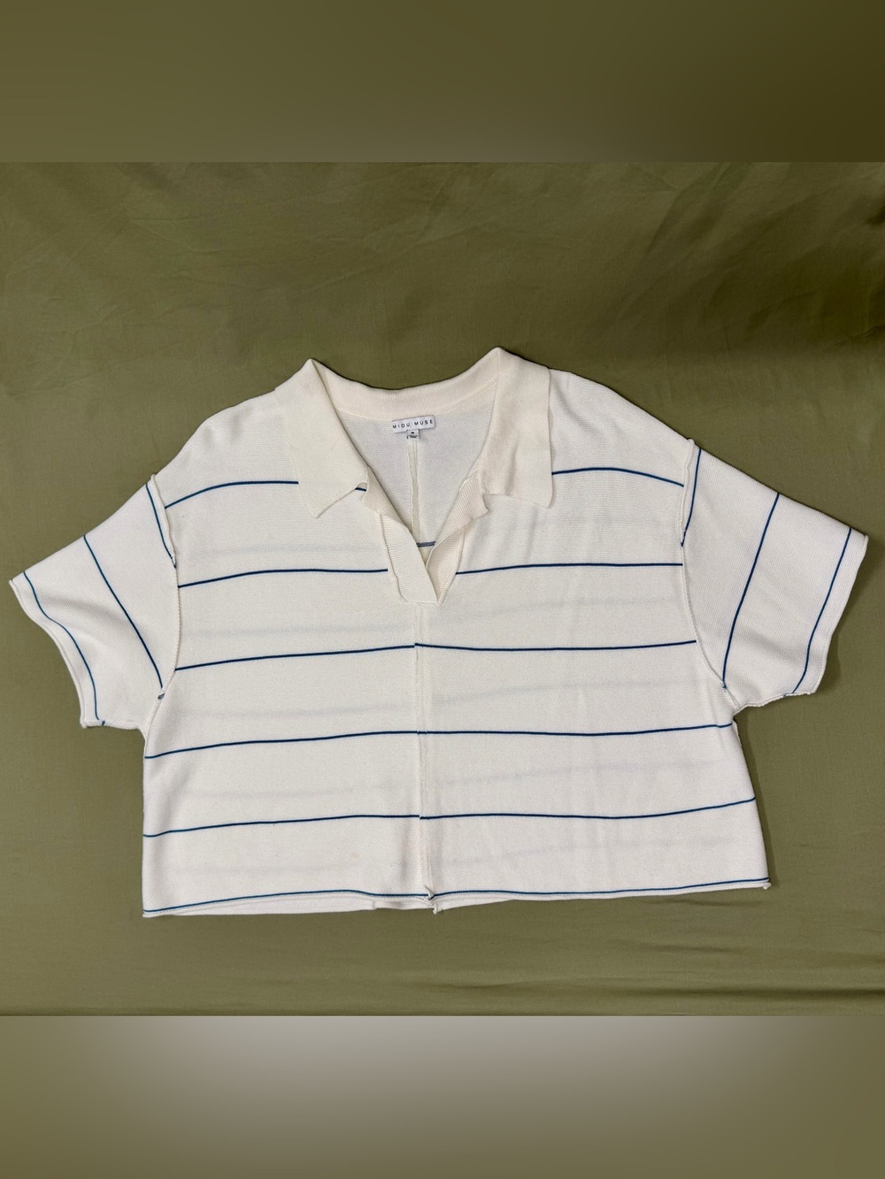 MIOUMUSE White & Blue Striped Cropped Polo Top Size M